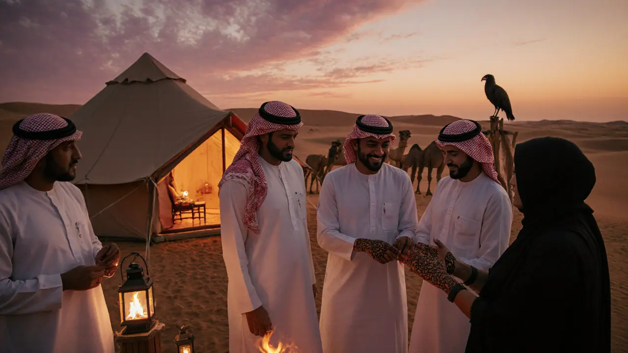 A groom receiving henna on his hands at a desert camp, with camels and firelight in the background.