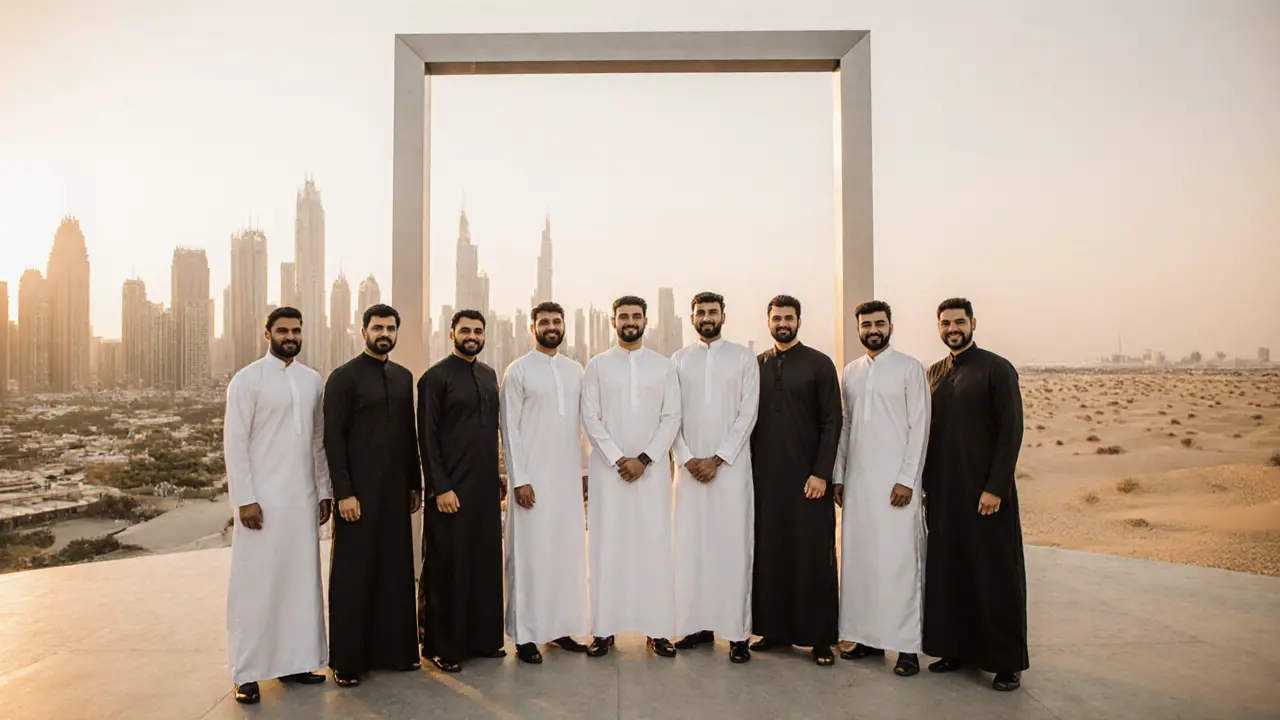 A group of men in traditional Emirati dress posing at the Dubai Frame at sunset.
