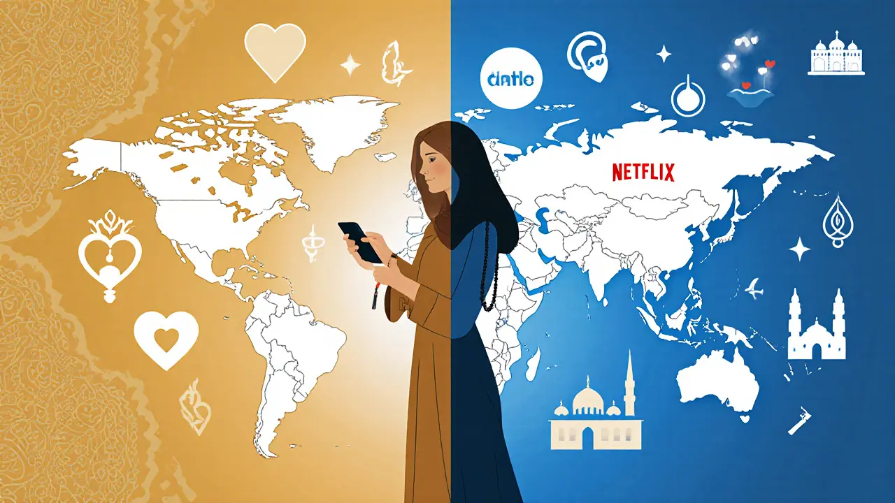 A young Emirati woman stands between traditional and global symbols, holding prayer beads and a smartphone, embodying Dubai’s blended cultural identity.