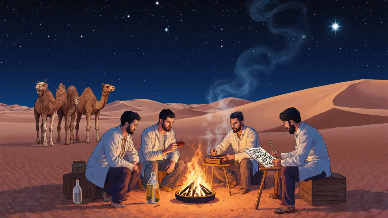 Bachelor party guests having a desert BBQ under the stars, learning Arabic calligraphy with camels nearby.