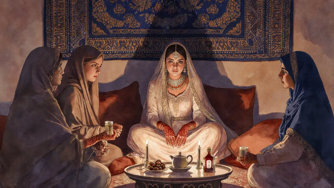 Bride with henna hands surrounded by women at a candlelit ceremony.