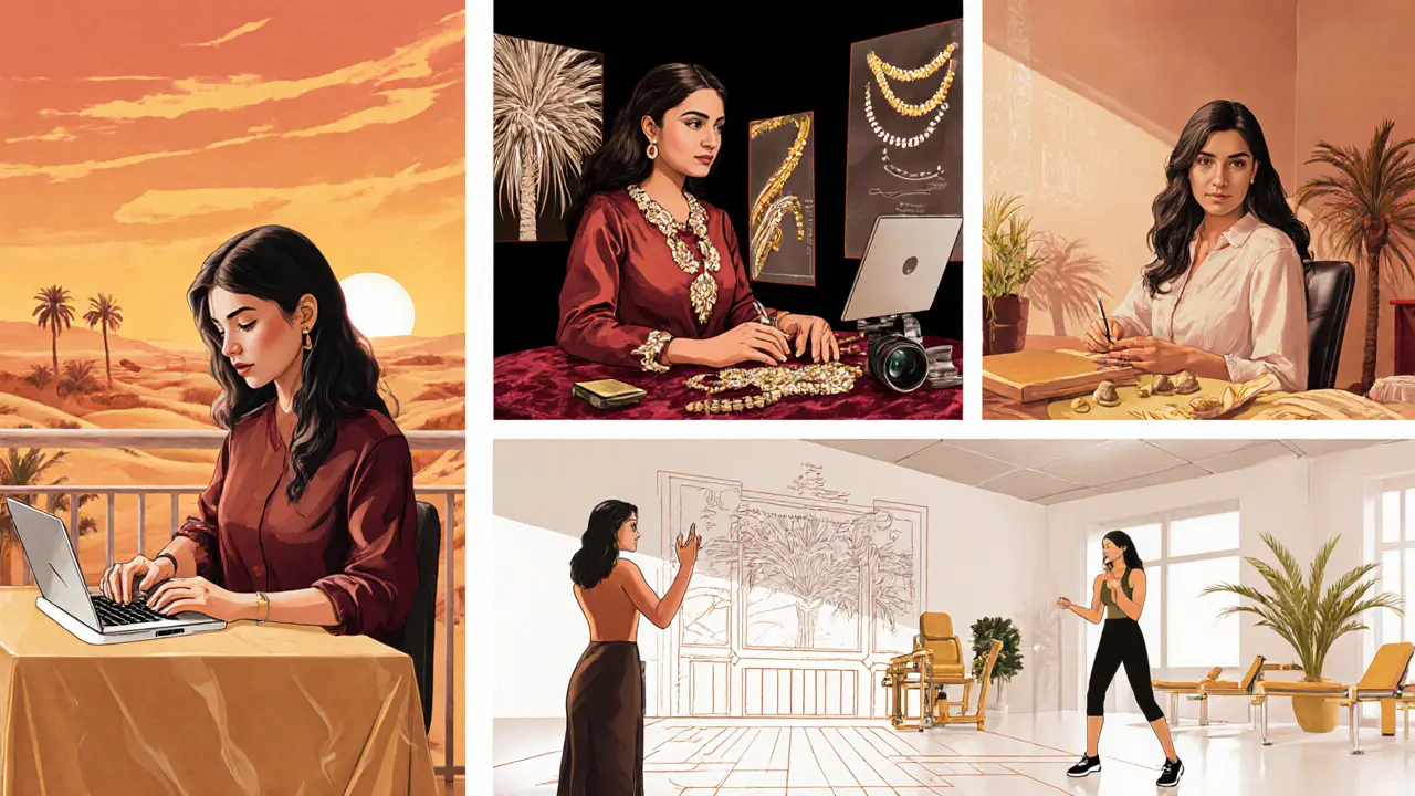 Collage of five women: travel blogger, jewelry maker, YouTube creator, real‑estate agent, and fitness instructor.