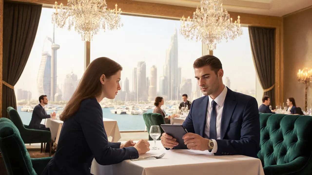 Companion and business traveler dine at an upscale restaurant with Marina view.