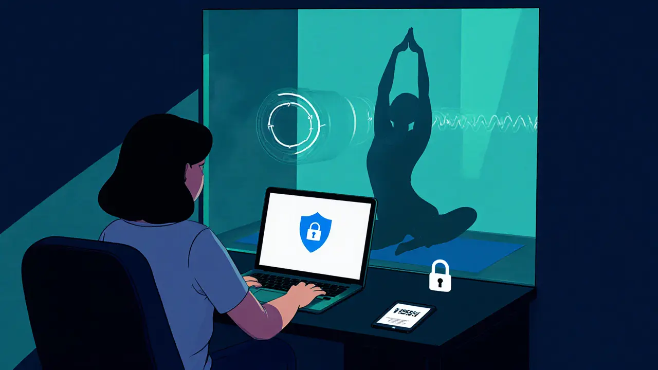 Cozy private viewing setup with laptop, secure payment icon, VPN glow, and yoga silhouette.