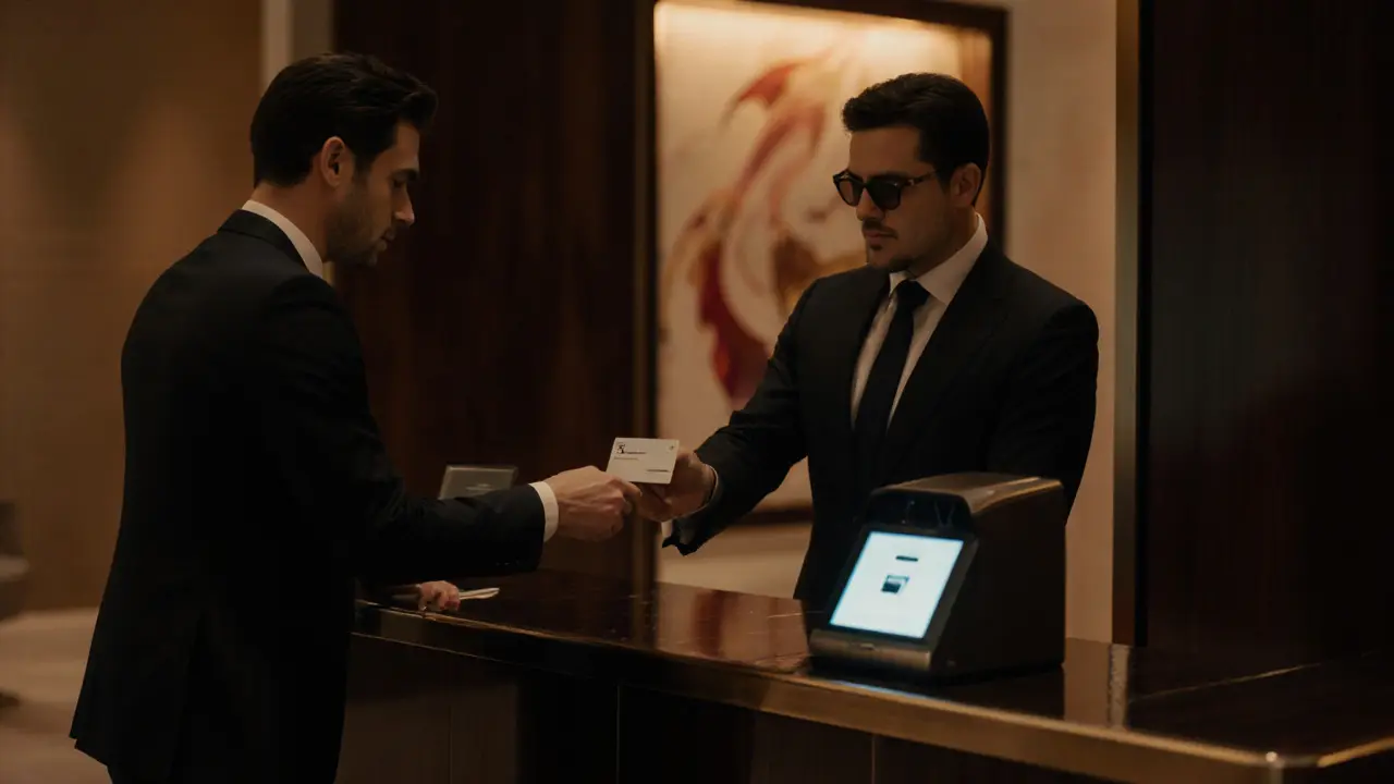 Discreet hotel check‑in scene with a concierge handing a key card to a guest.