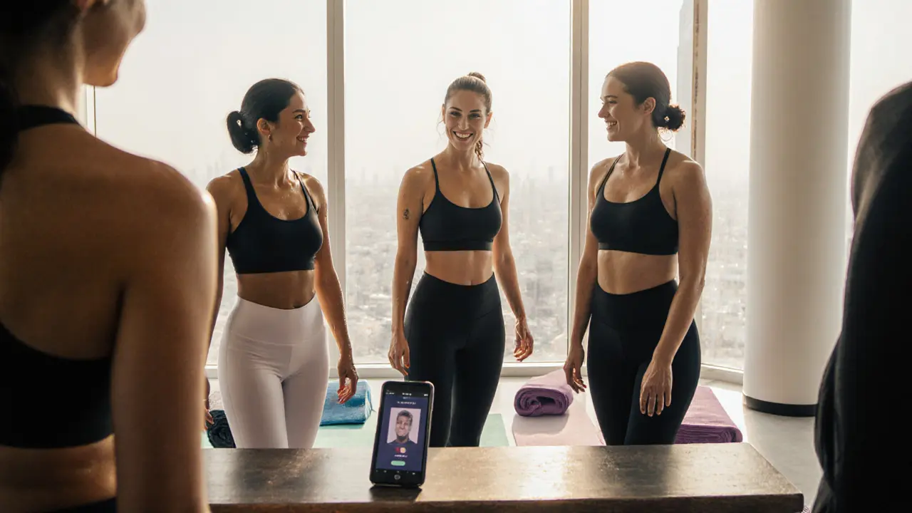 Diverse women in yoga attire chat warmly after a class in a bright Jumeirah studio, phones and mats nearby, reflecting modern social connections.