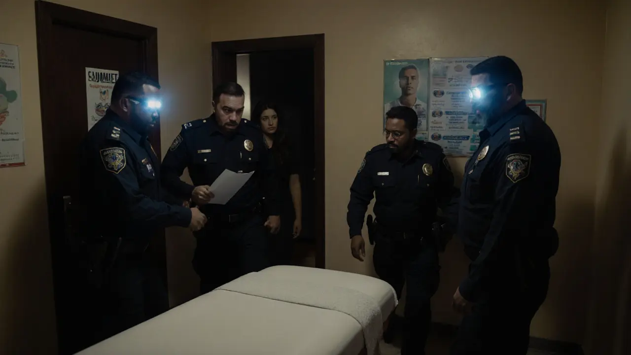 Dubai police raid a suspicious wellness center, officers entering a minimalist interior.