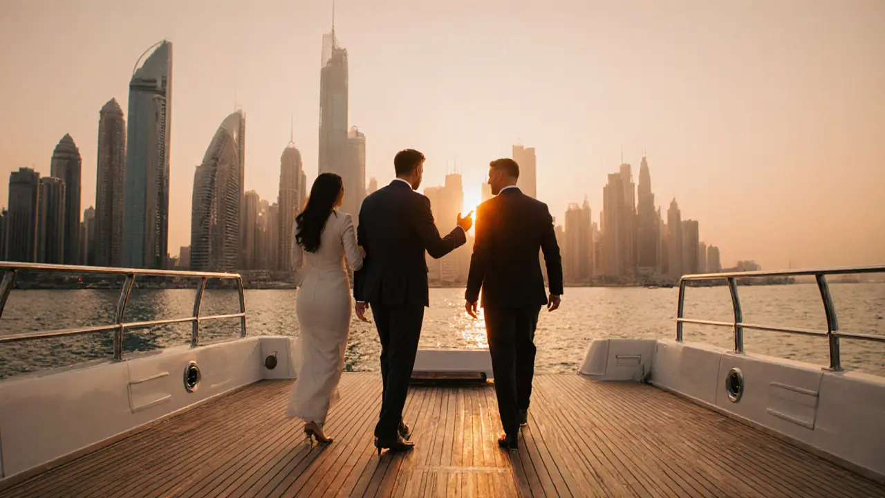 Escort and client meet a broker on a yacht deck at sunset with Marina skyline.