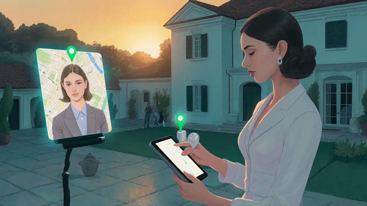 Escort with safety kit in a villa courtyard, friend on video call, and live location map overlay.