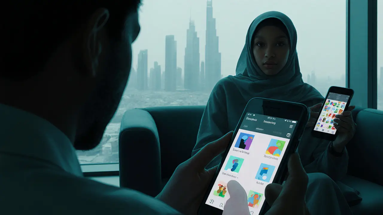 Expatriates in a lounge subtly using phones for private chats.