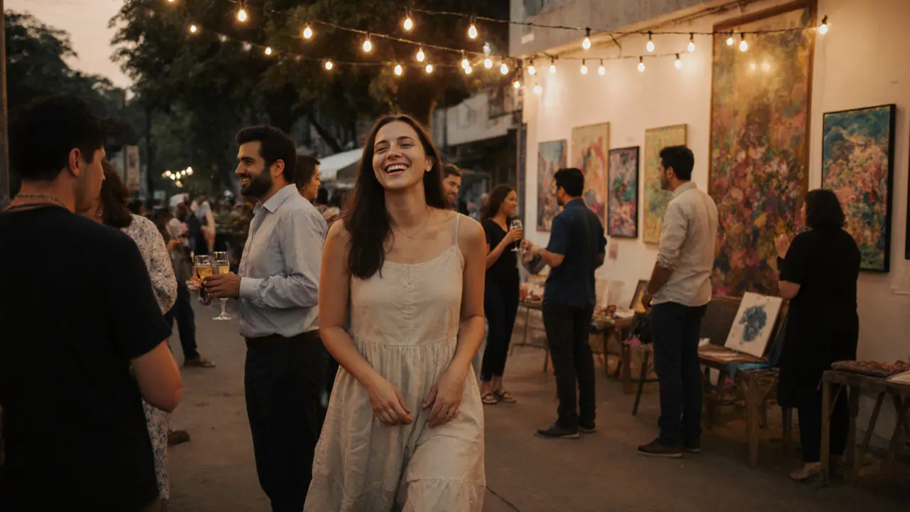 Expats socialize at an art gallery event in Dubai, laughing and connecting under string lights.