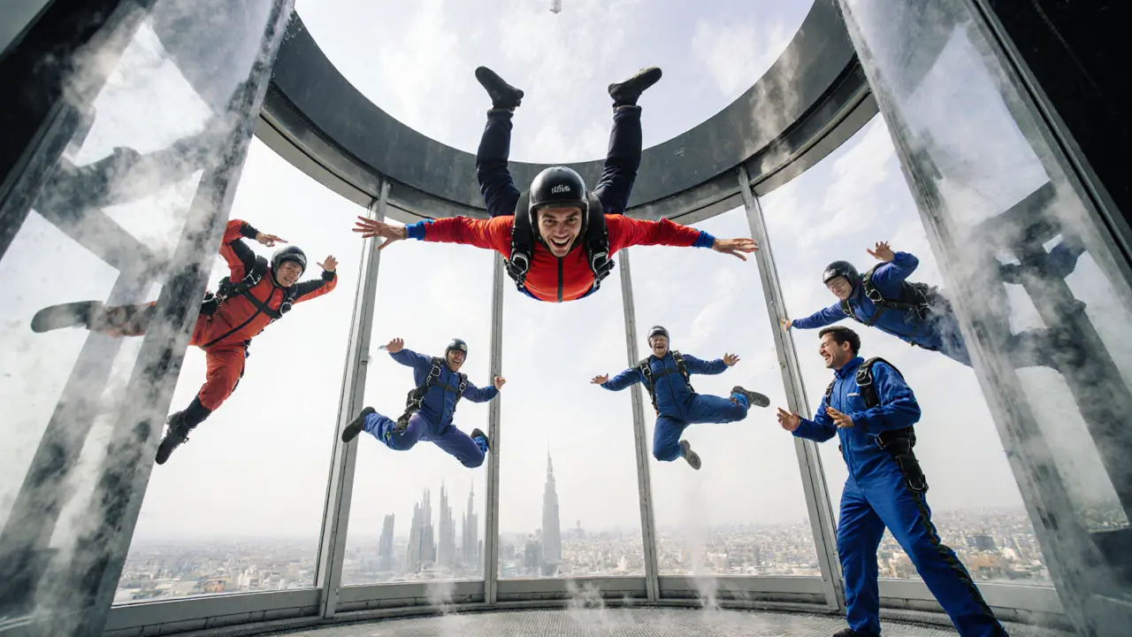 Five men floating in mid-air inside iFly Dubai’s wind tunnel, smiling and flipping.