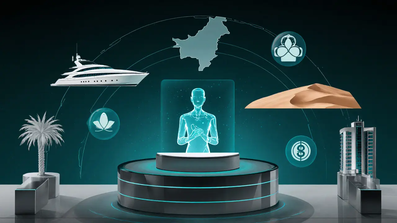 Futuristic lounge with holographic AI concierge and icons of tourism and wellness around Dubai map.