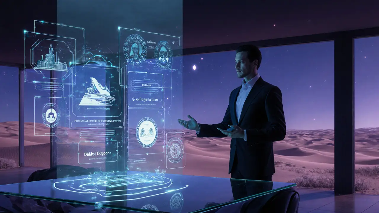 Futuristic villa with holographic AI matchmaking and luxury experience packages in Dubai desert.