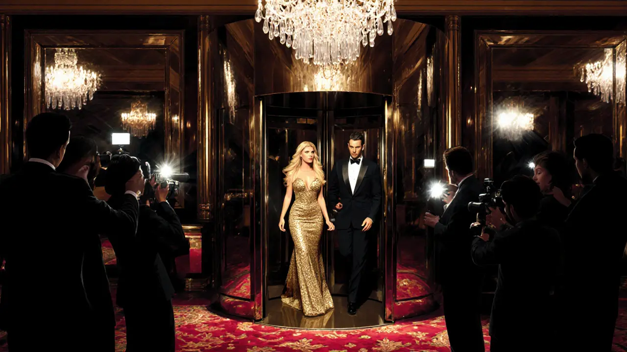 Glamorous celebrity and escort entering Burj Al Arab lounge under paparazzi flash, 2008 scandal.