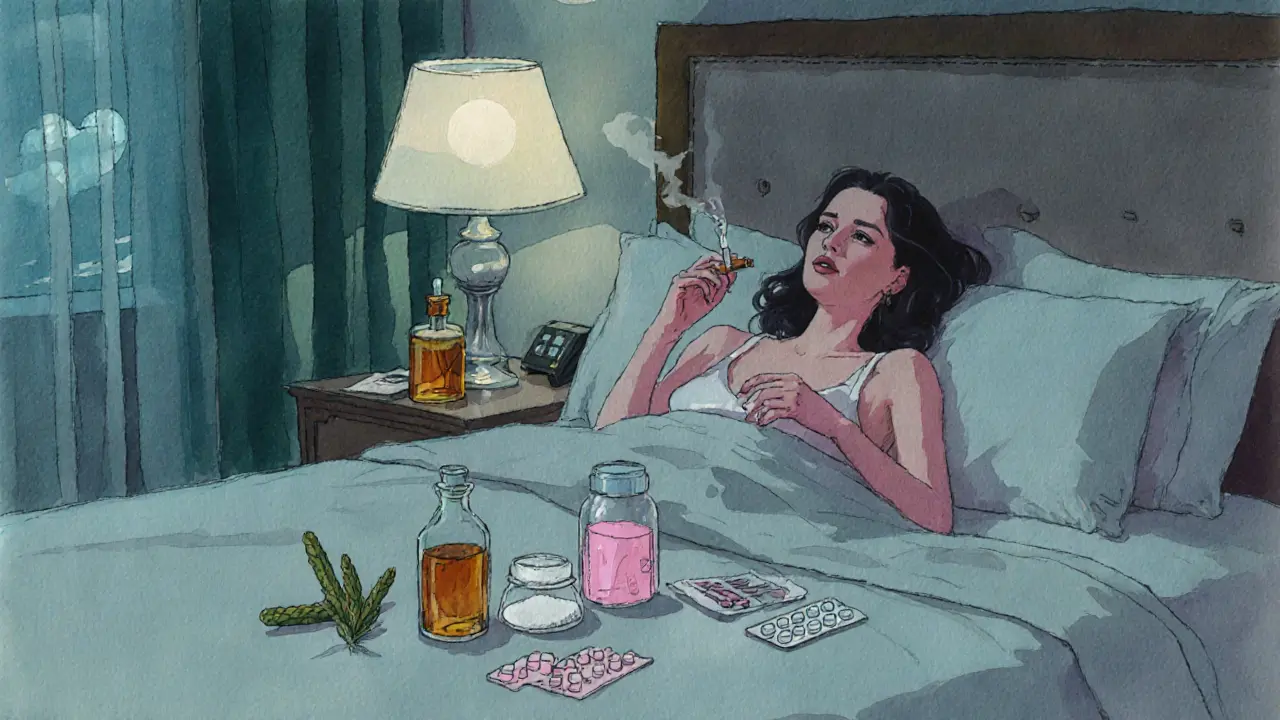 Hotel room scene with a woman beside a bedside table displaying various substances.