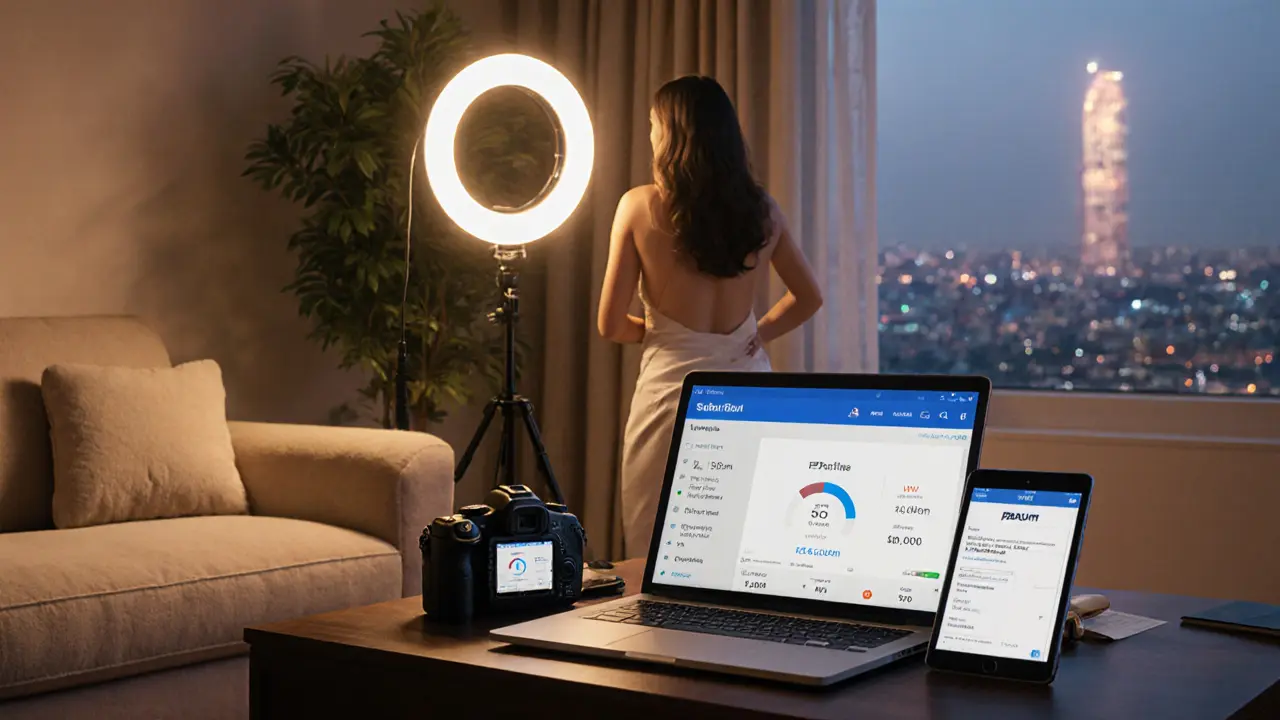 Hotel suite workspace of a cam model with streaming setup and VPN screen.