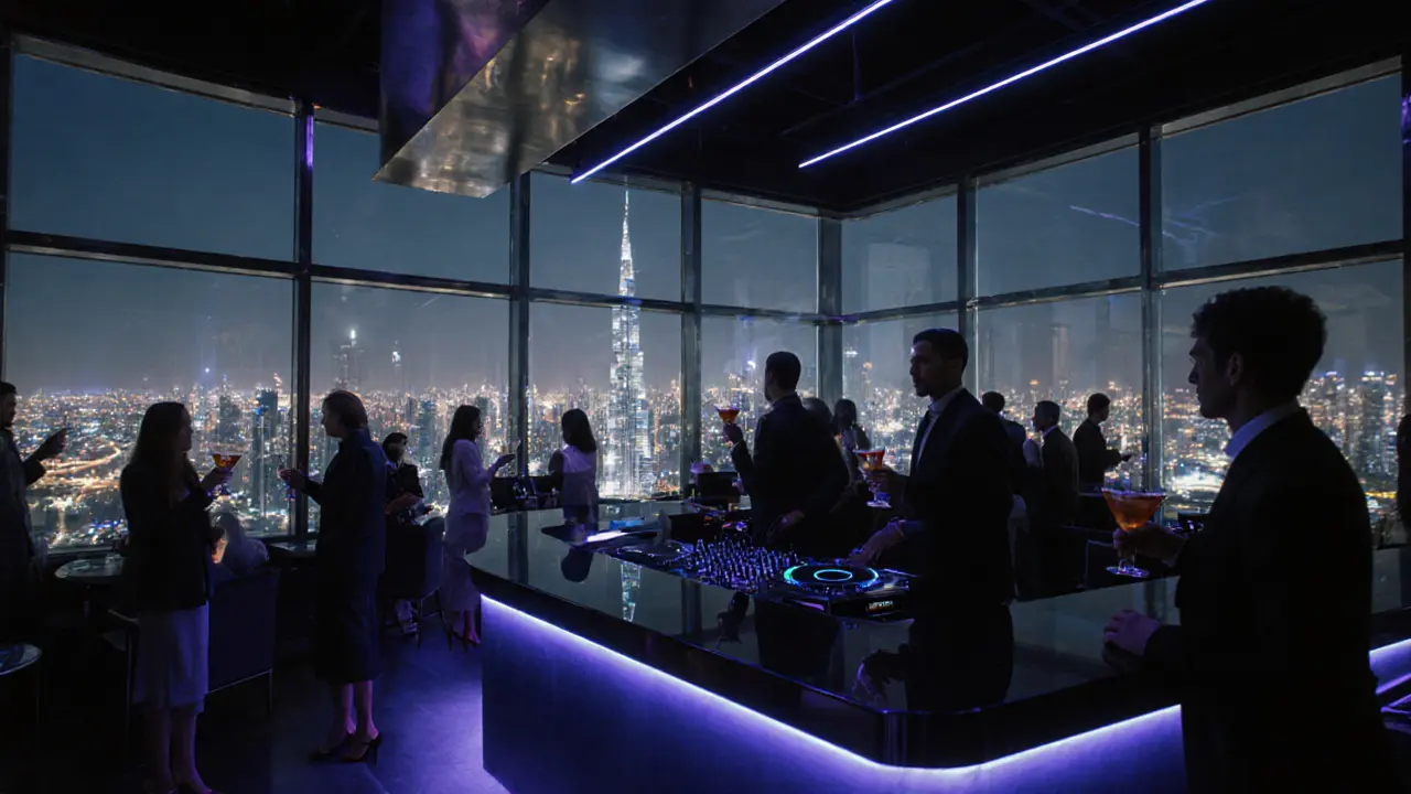 Interior of a rooftop lounge with glass walls showing the city skyline and guests enjoying drinks.