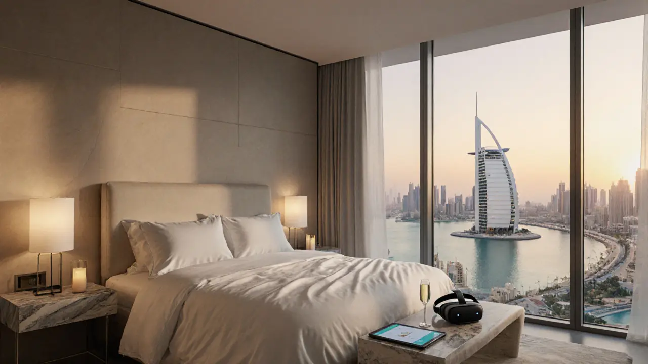 Luxurious hotel suite interior with VR headset, tablet, and city view, suggesting premium wellness.