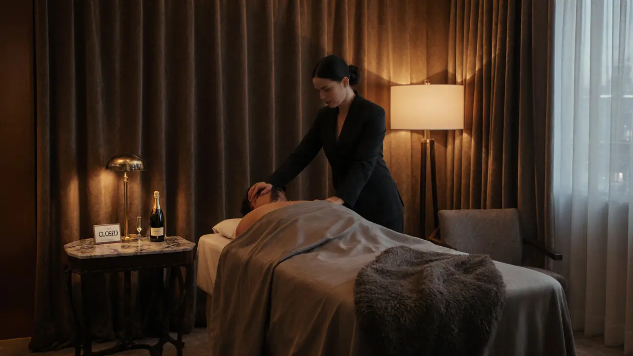 Luxurious hotel suite spa setup with massage table, champagne, and subtle privacy.