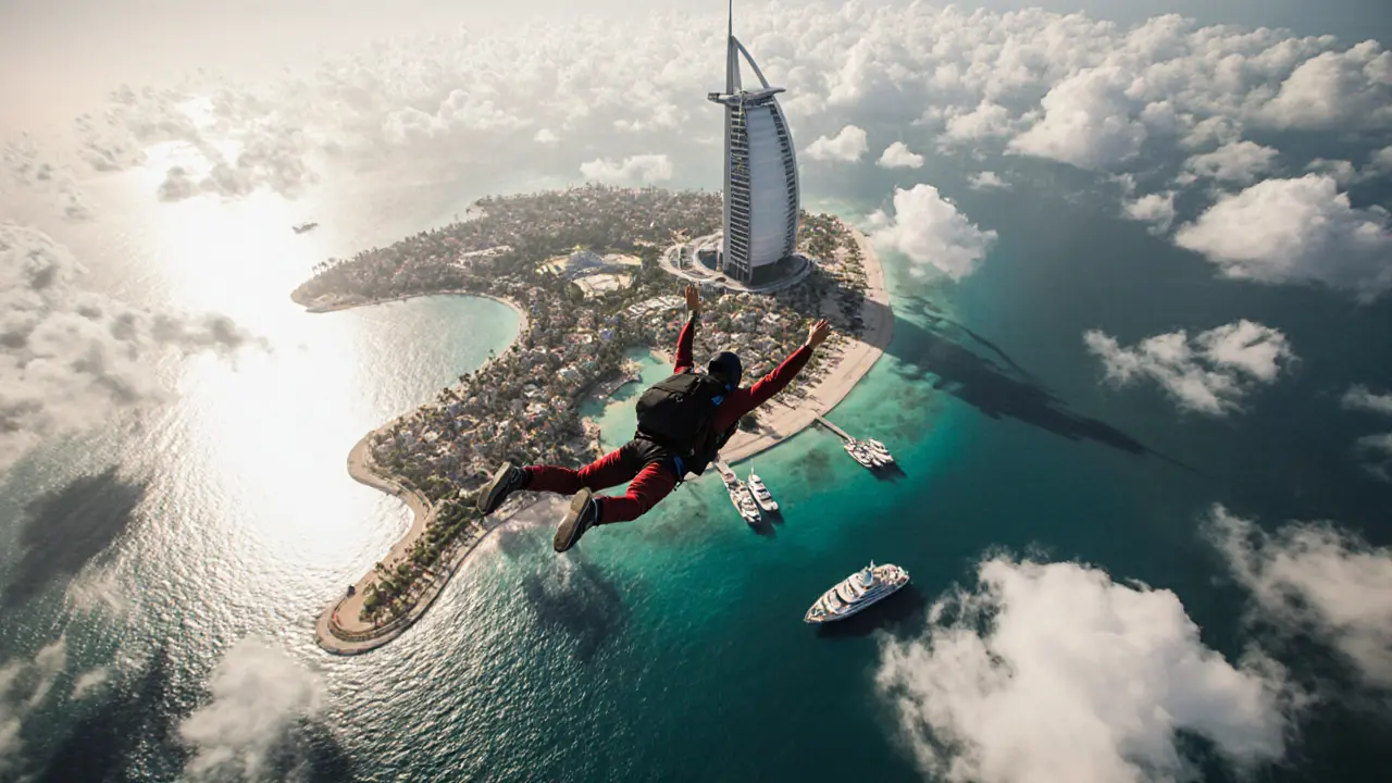 Man skydiving above the Palm Jumeirah with Burj Al Arab in the distance.