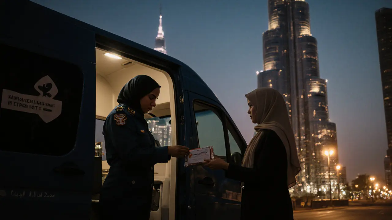 Mobile health worker offering a harm‑reduction kit to a woman near the Dubai skyline.
