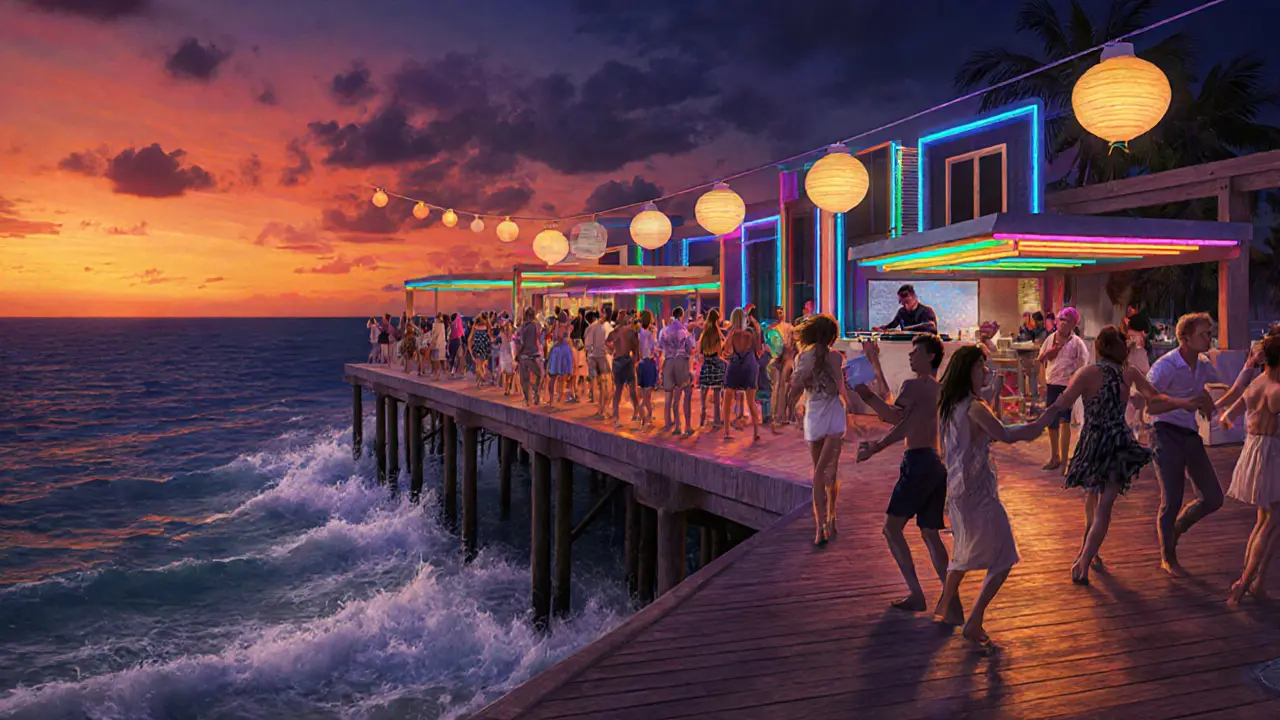 Open‑air Dubai beach club at sunset with DJ booth and crowds dancing under vibrant lights.