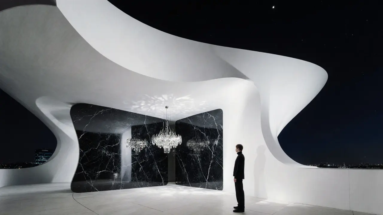 Opus building by Zaha Hadid at night, its white curved form glowing against a dark sky.