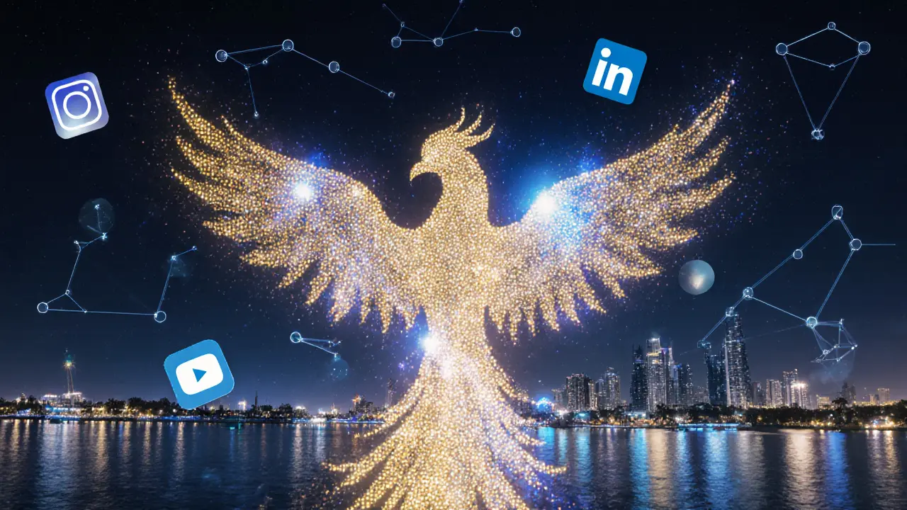 Pixelated phoenix rising above Palm Jumeirah with swirling social media icons.