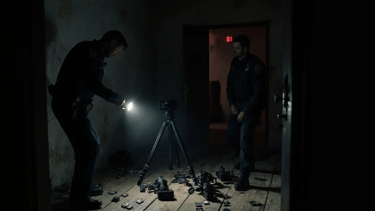 Police officers raiding a studio, confiscating cameras and equipment.
