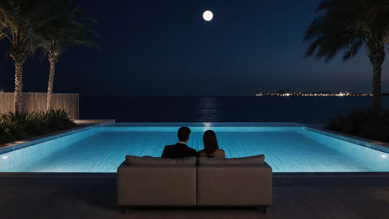 Romantic infinity pool at a Dubai beach club with a couple under moonlit water.
