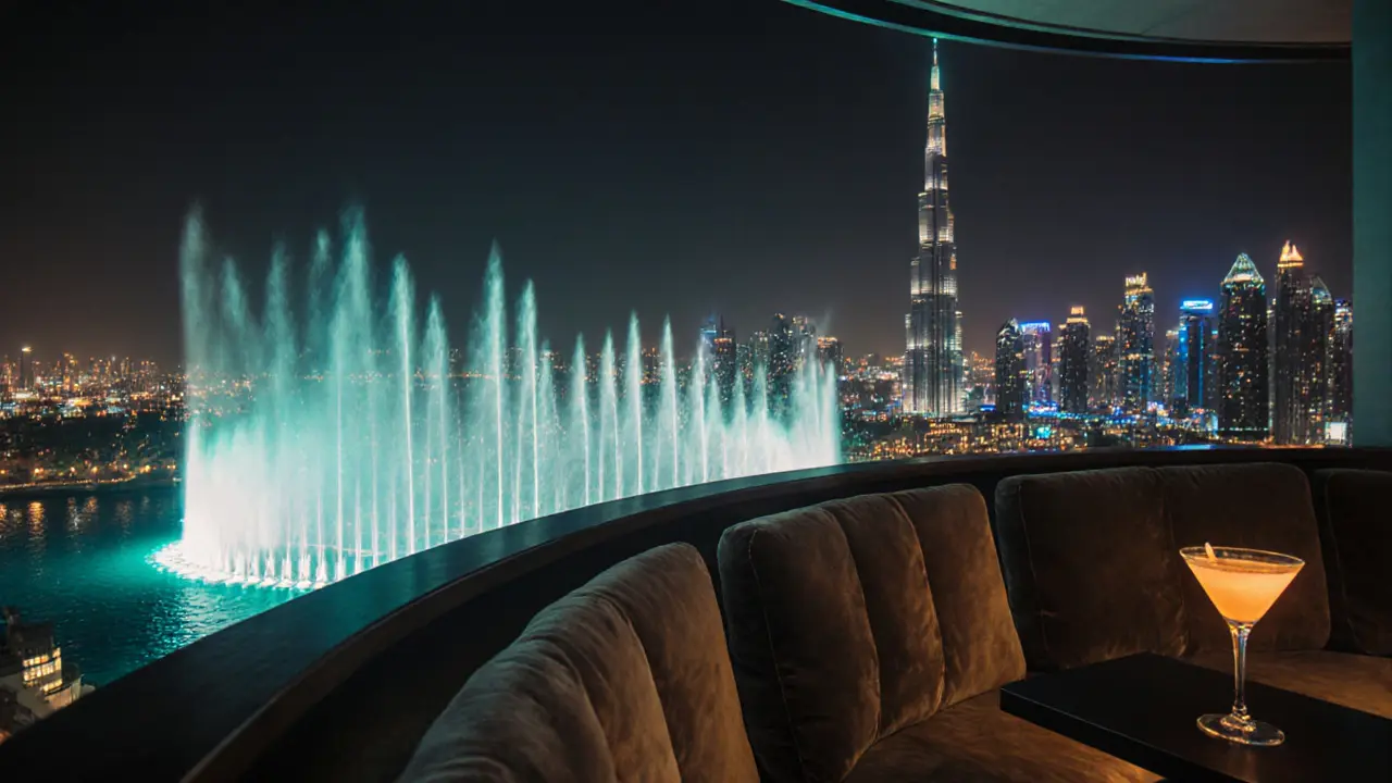Skyview Bar terrace at night with Dubai Fountain shooting colored jets under the Burj Khalifa.