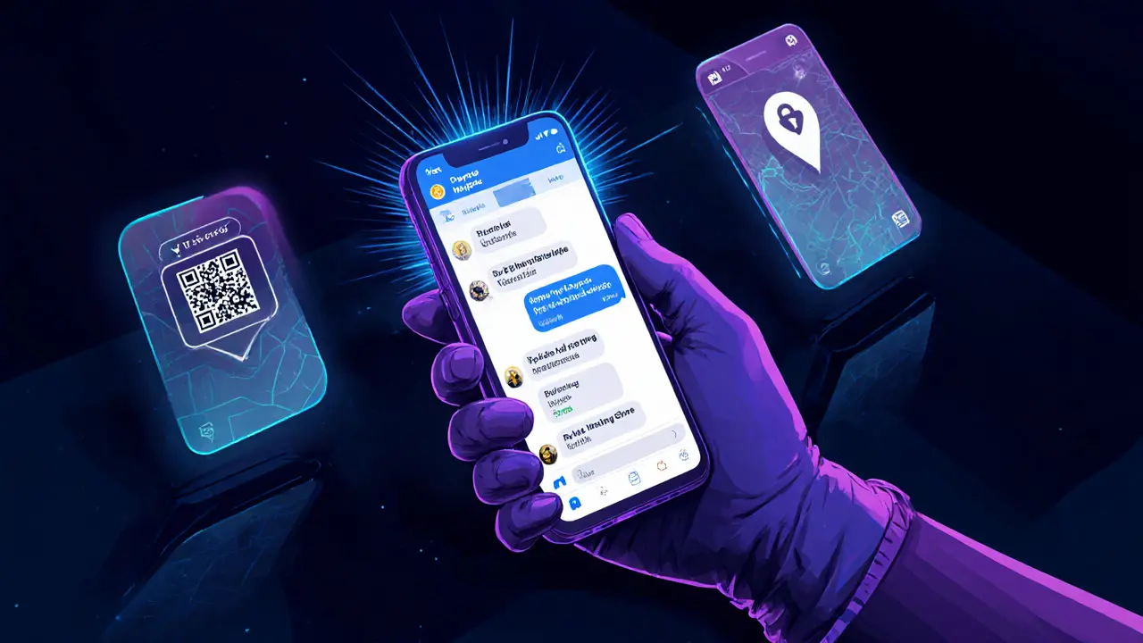 Smartphone showing encrypted messages, crypto icon, and location sharing for discreet payments.