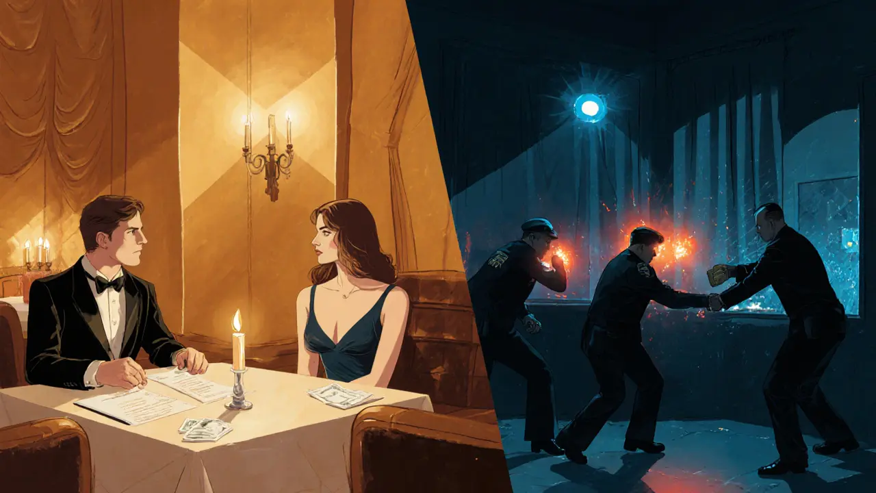 Split scene: elegant restaurant companionship versus dim club with police raid.