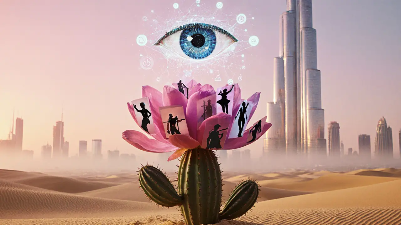 Surreal desert rose with holographic AI eye and legal scales over Dubai.