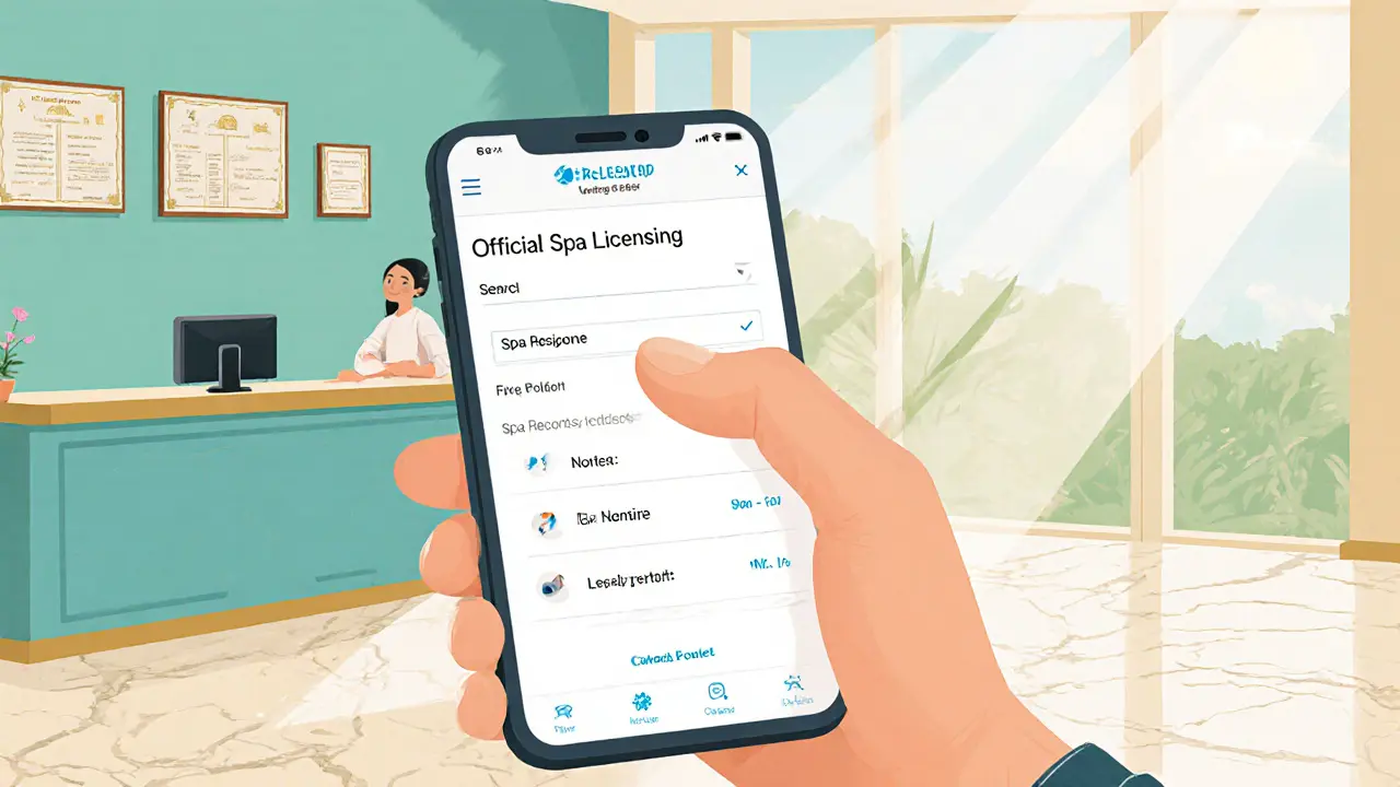 Tourist checks a smartphone for spa license while standing in a bright, certified spa lobby.