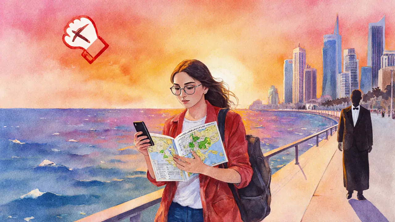 Tourist walking on Dubai promenade with guidebook, subtle warning icon nearby.