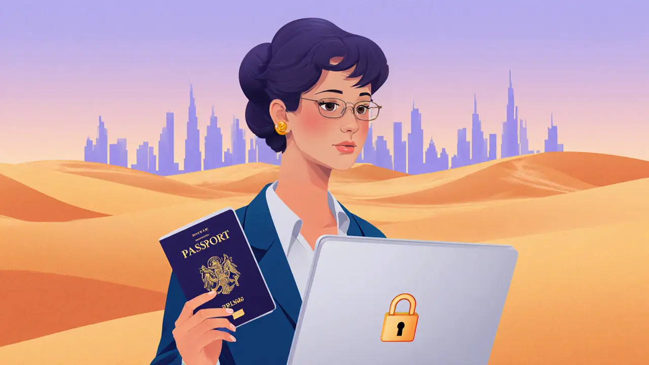 Traveler reviewing a visa and a locked laptop against a desert sunset.