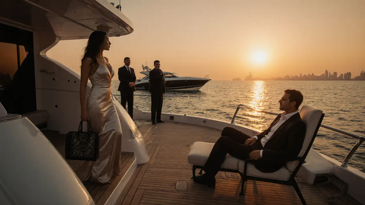 VIP escort in a silk gown meets a client on a private yacht at sunset.