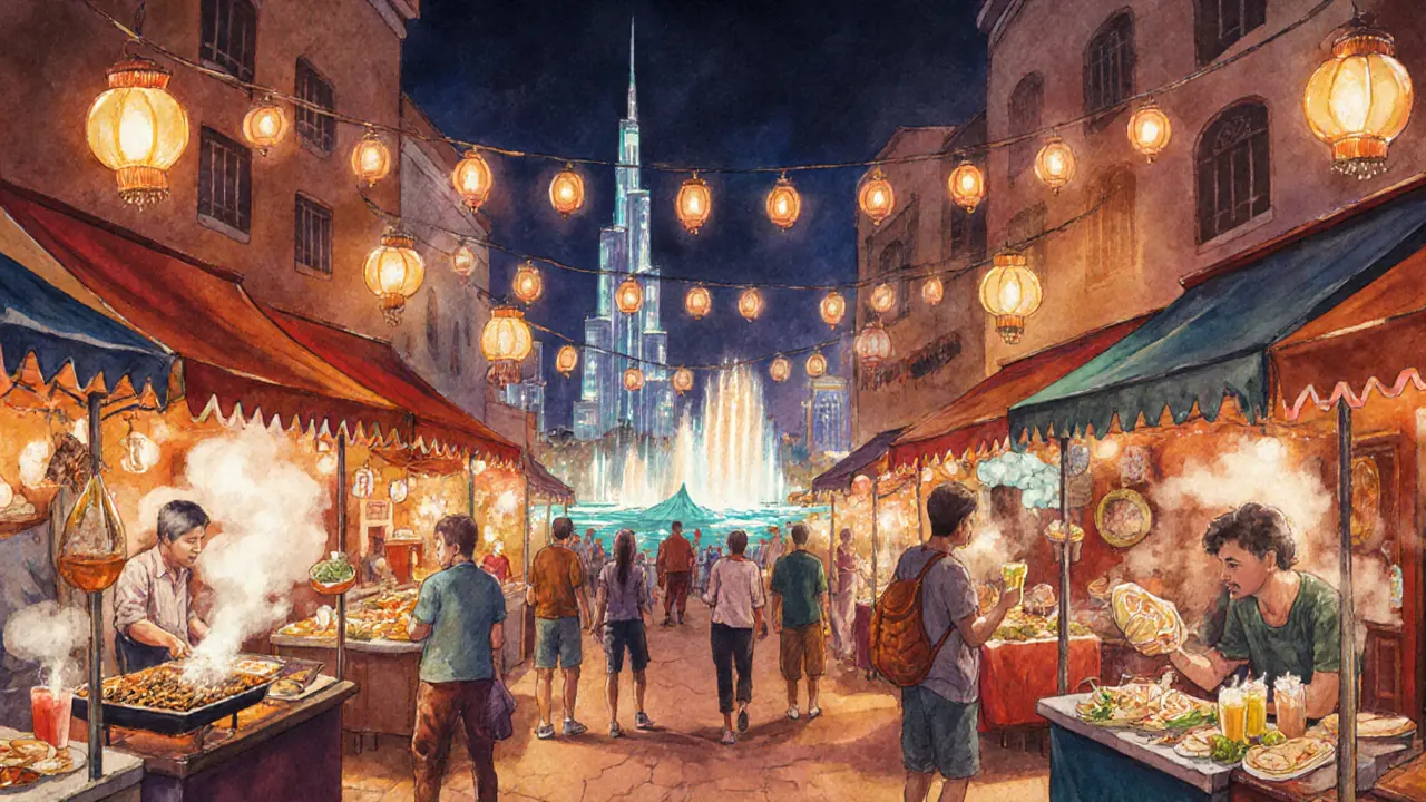 Watercolor scene of Souk Al Bahar night market stalls with people eating street food.