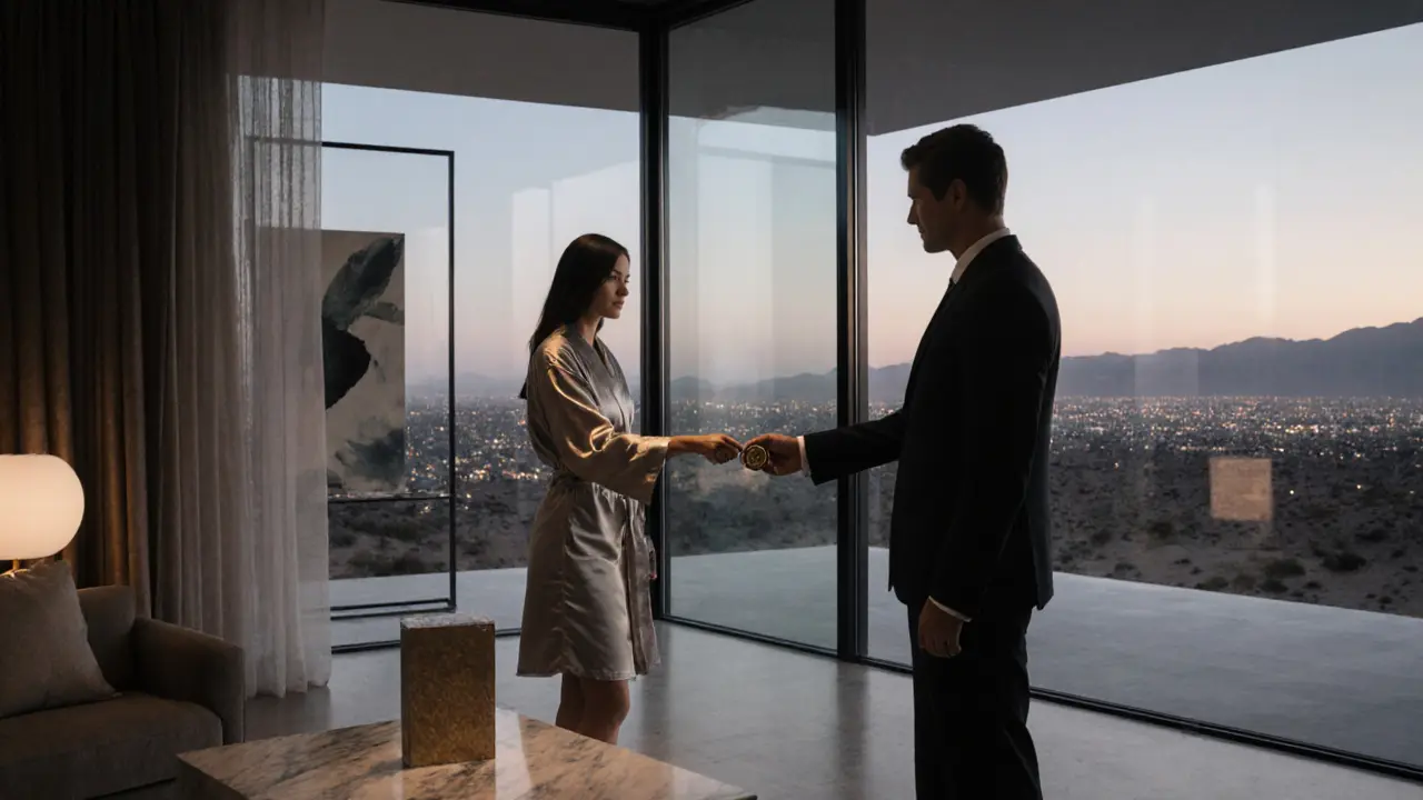 Woman passes a discreet token to a broker in a luxurious villa lounge.