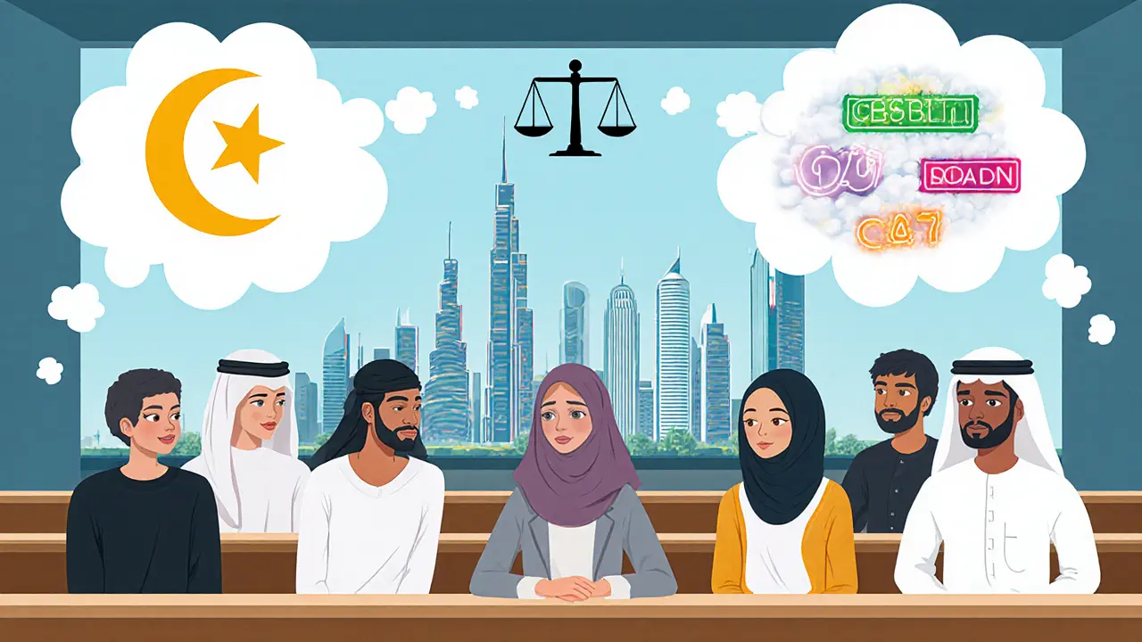 Young Emiratis debating intimate wellness under Dubai skyline and symbolic scales.