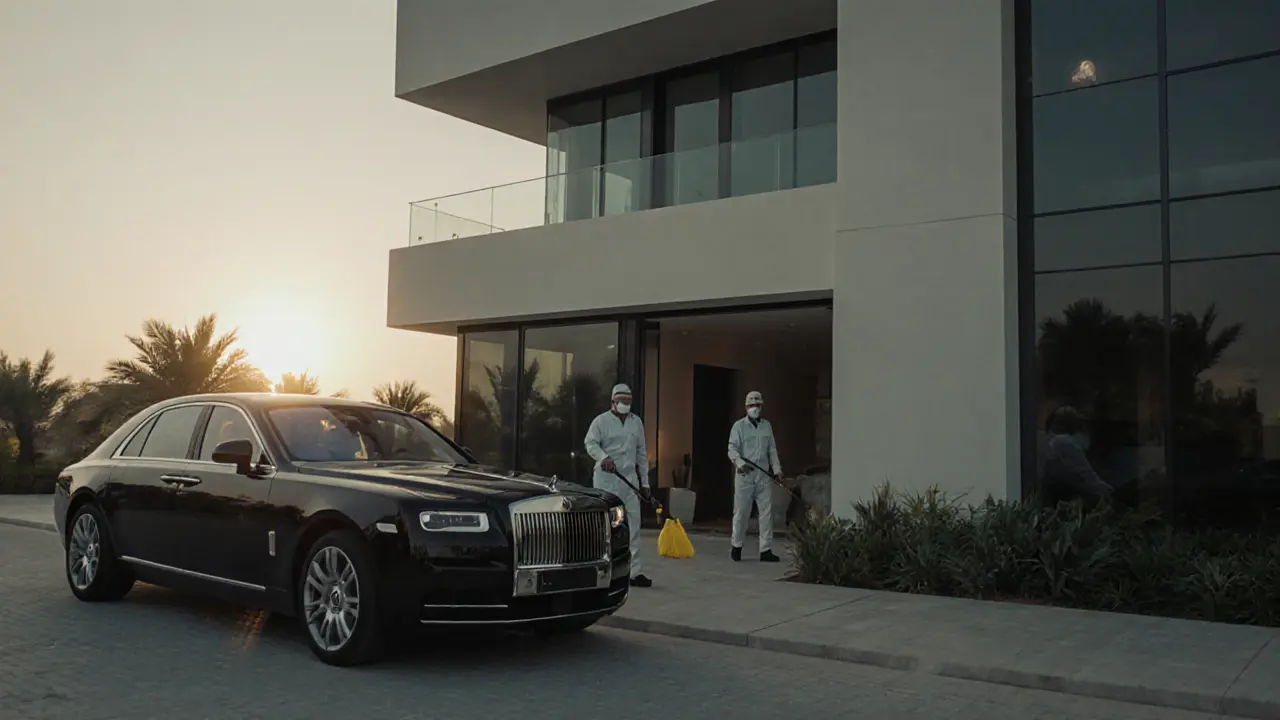 A cleaning crew exiting a high-end villa at dawn, with a chauffeur waiting nearby in a luxury car.