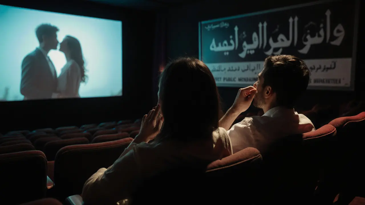 A couple in a Dubai cinema gently touching as they watch a blurred kiss on screen, projector light flickering.