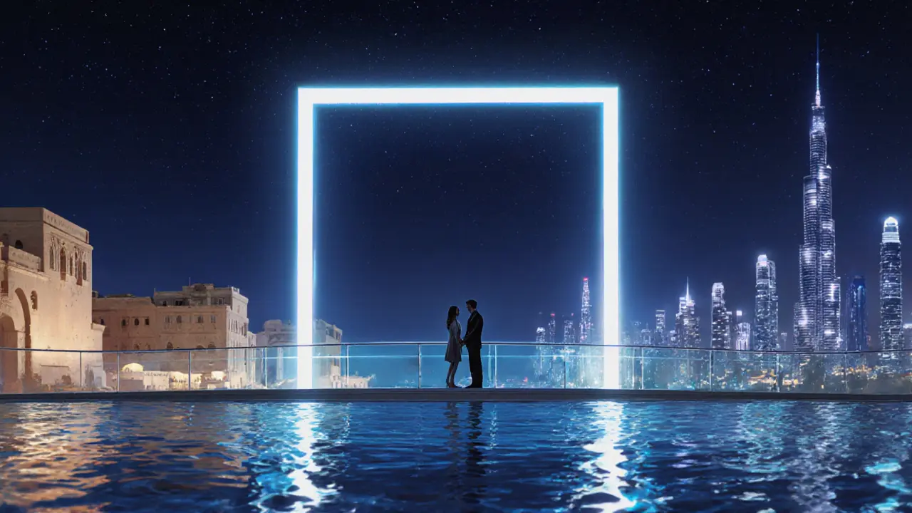 A couple standing on a glowing glass bridge with Old Dubai and the modern skyline on either side.