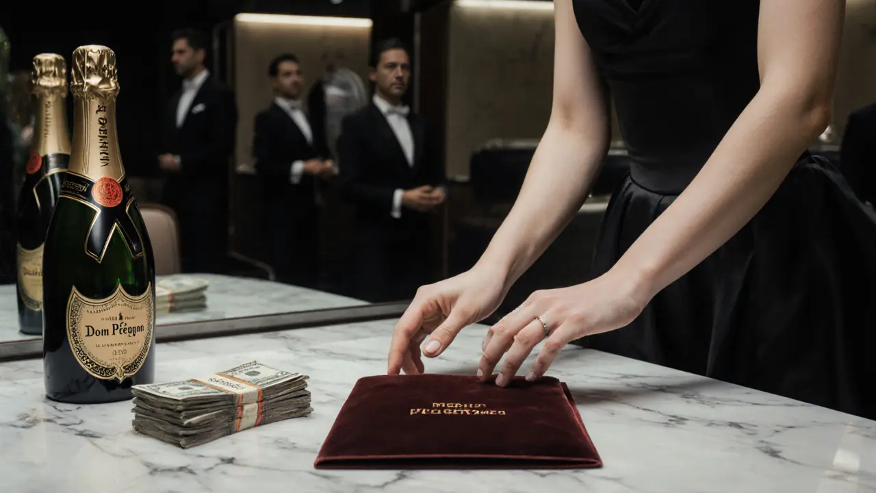 A dancer's hands placing a velvet menu on a marble table beside an expensive champagne bottle and cash, reflection showing empty VIP booths behind.