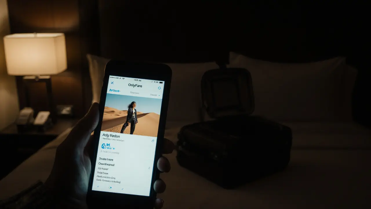 A dark hotel room with a glowing smartphone showing a private adult content profile.