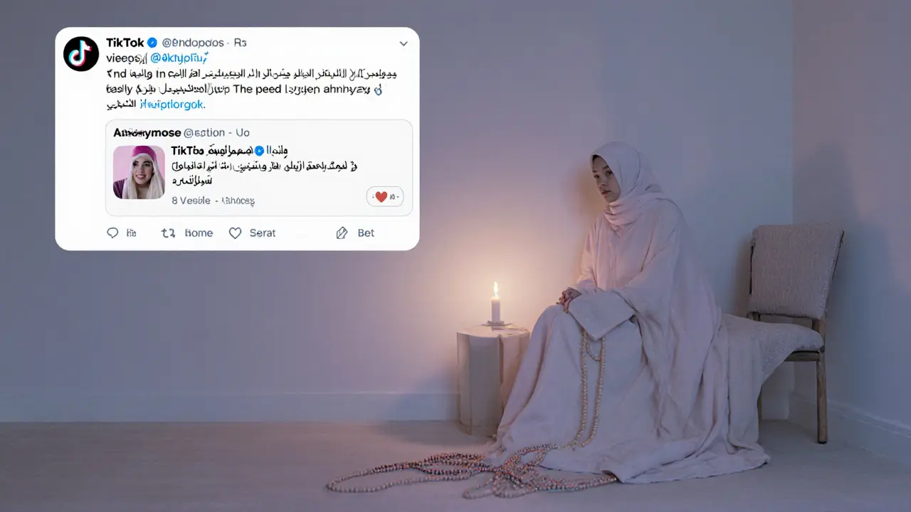 A digital social media feed on a bedroom wall in Dubai showing anonymous videos about intimacy, modest items nearby.