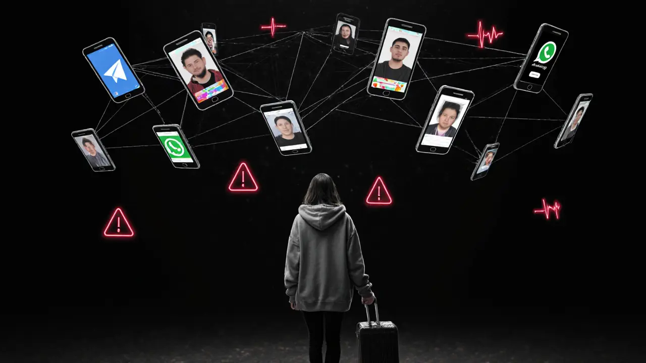 A digital web of encrypted apps hovers over a transgender woman in hiding, glowing with warning signs in a dark, glitchy digital landscape.