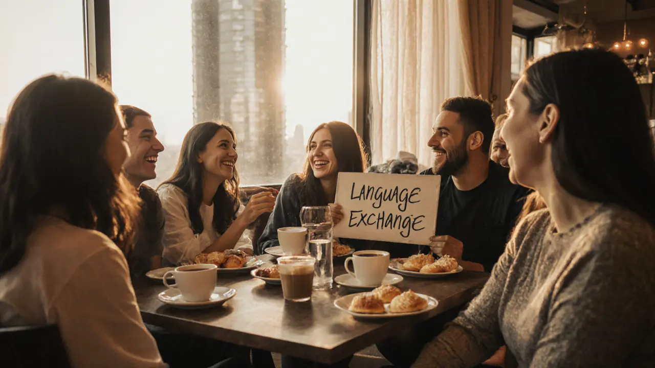 A diverse group of expats laughing and chatting over coffee at a cozy Dubai café.